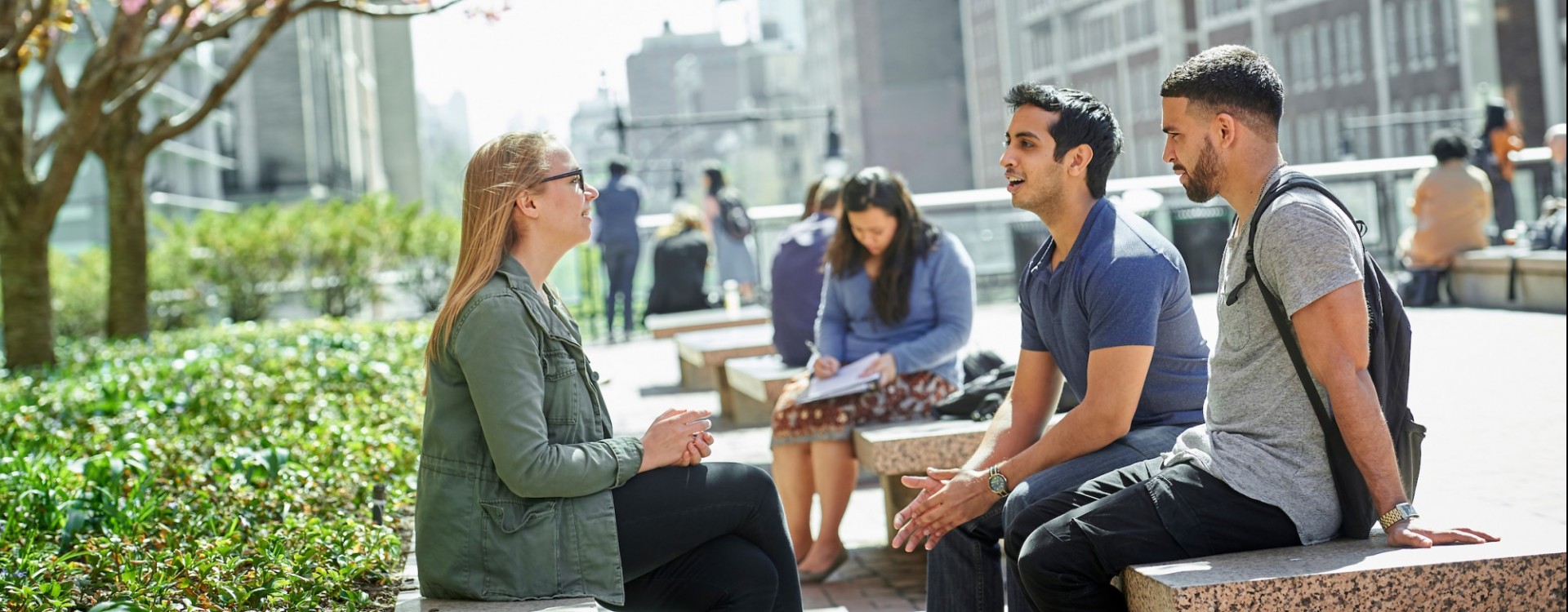 Three seated people engaging in lively conversation under a blooming cherry blossom tree. On the left, a woman with shoulder-length blonde hair wears glasses, a green jacket, and black pants. Her hands are clasped in her lap. In the middle, a man with short black hair wears a blue collared shirt and blue jeans. His widespread hands gesture downward. On the right, a man with cropped black hair and a beard wears a gray t-shirt, a black backpack, and black pants. He leans back on his hands.