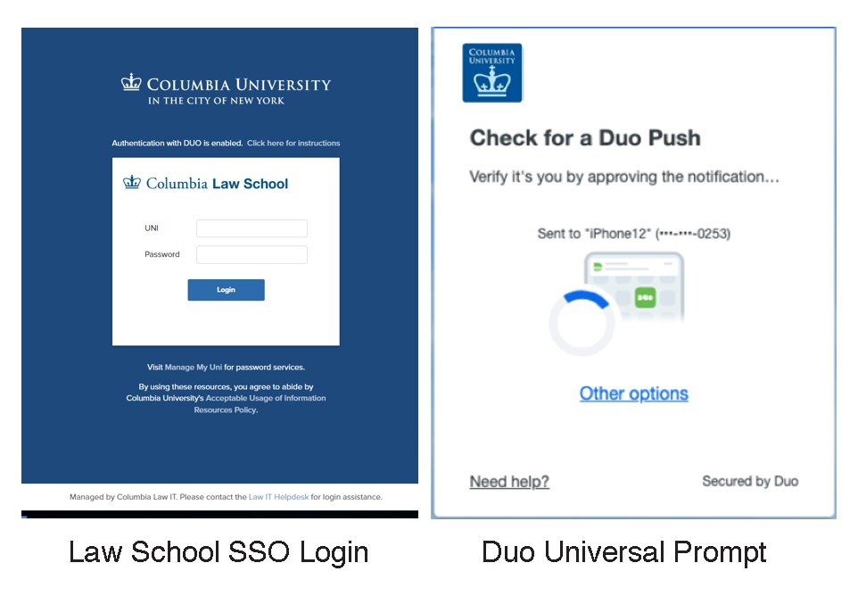 Law School SSO Login (left) and Duo Universal Prompt (right)
