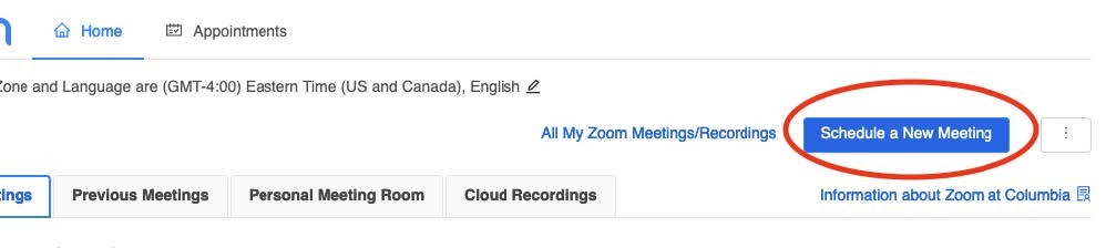 Blue button to schedule a new Zoom class session/meeting.