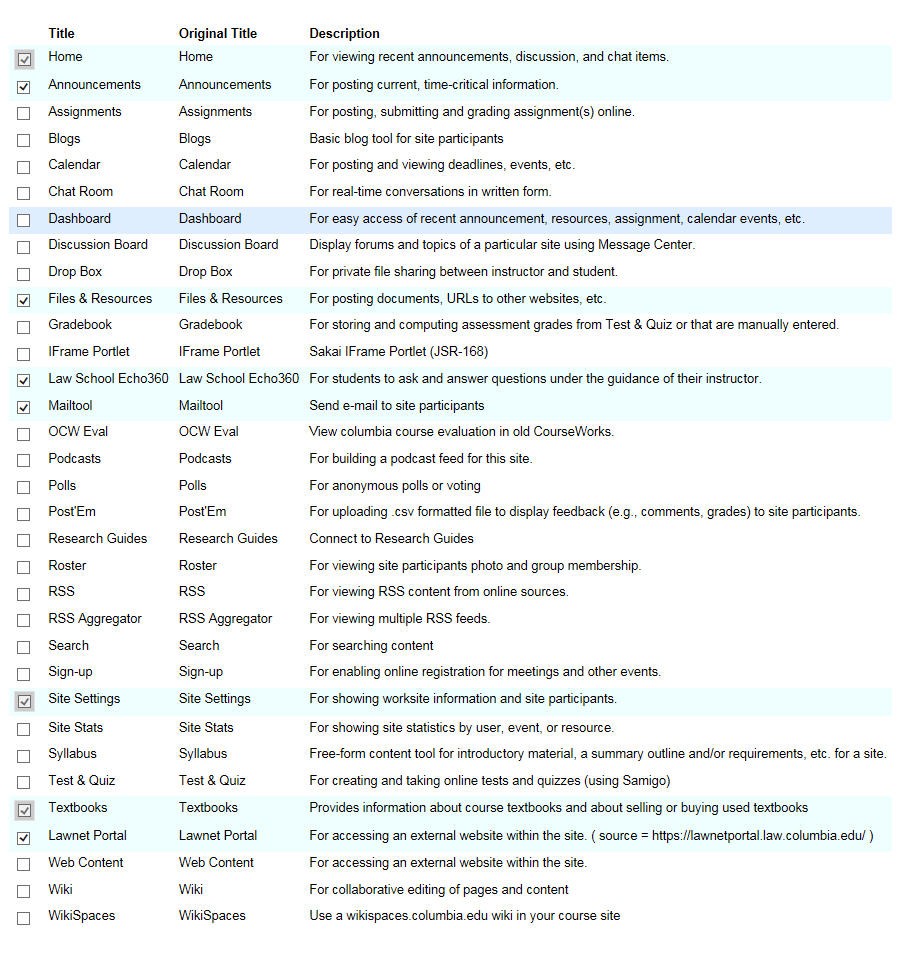 screenshot of a list of tools