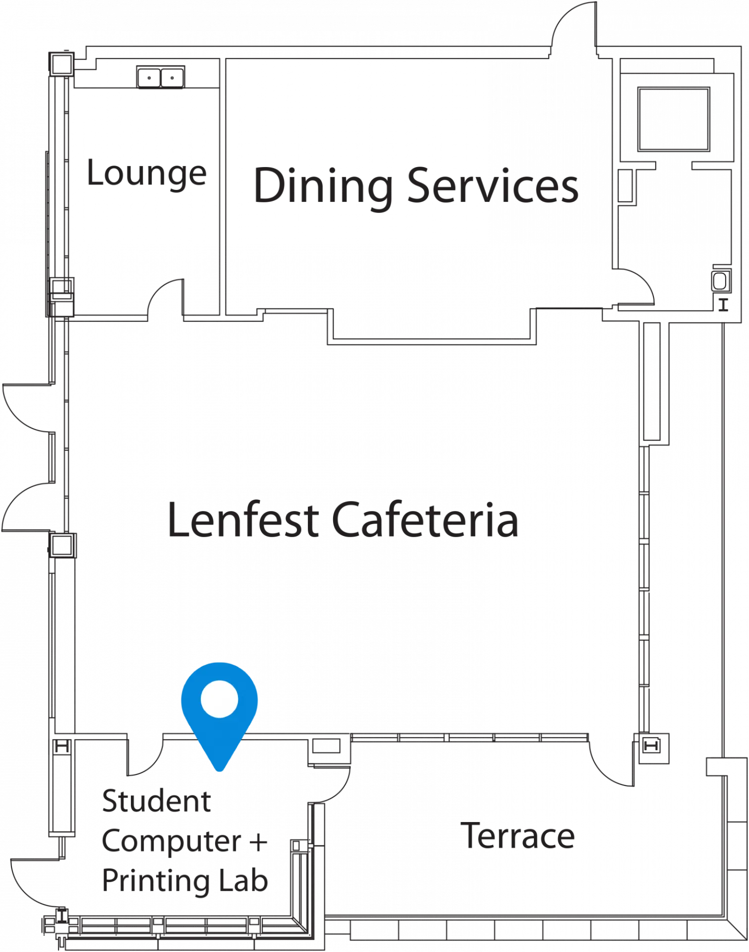 Map of the student computer and printing lab on the mezzanine level of Jerome Greene Hall.