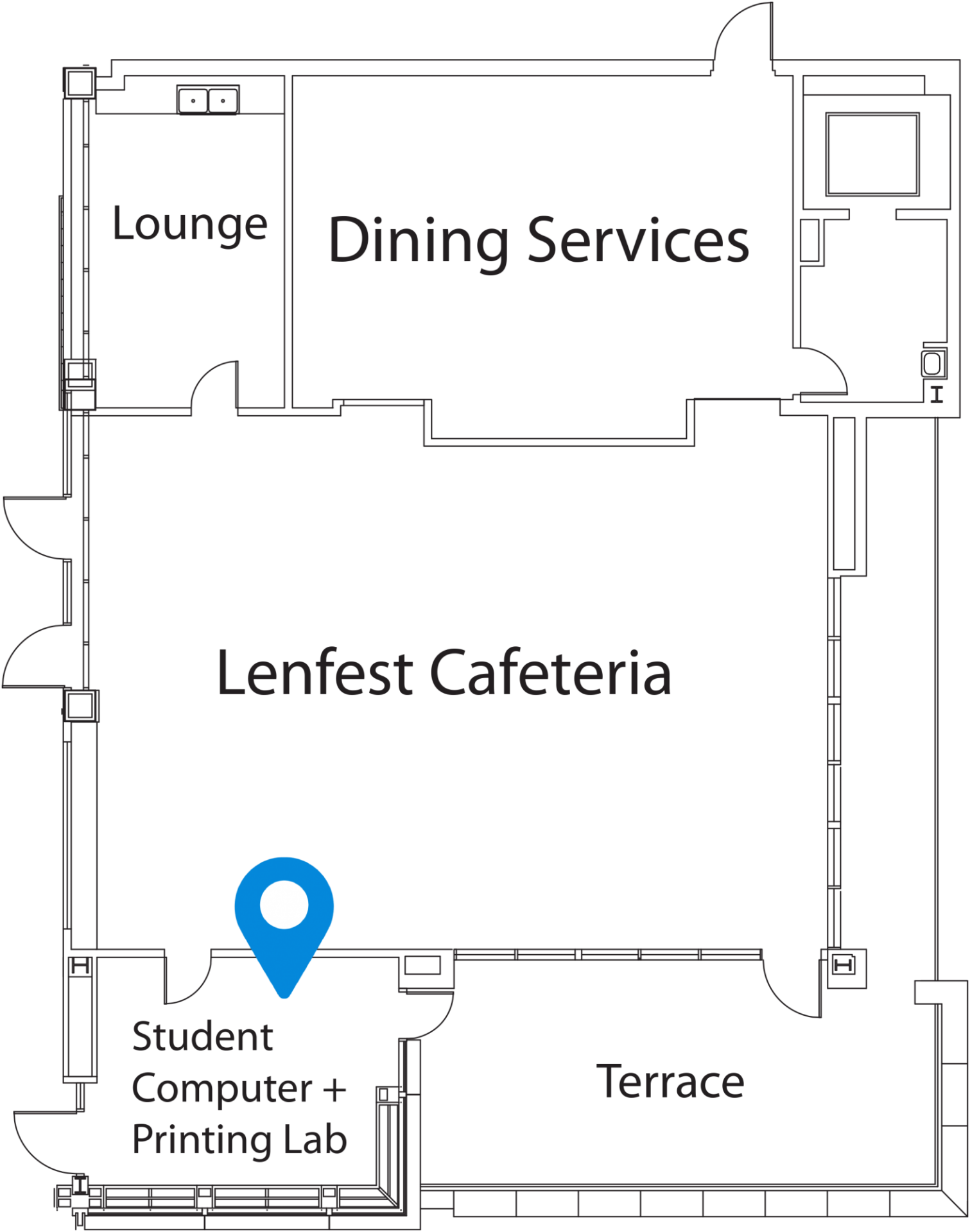 Map of the student computer and printing lab on the mezzanine level of Jerome Greene Hall.