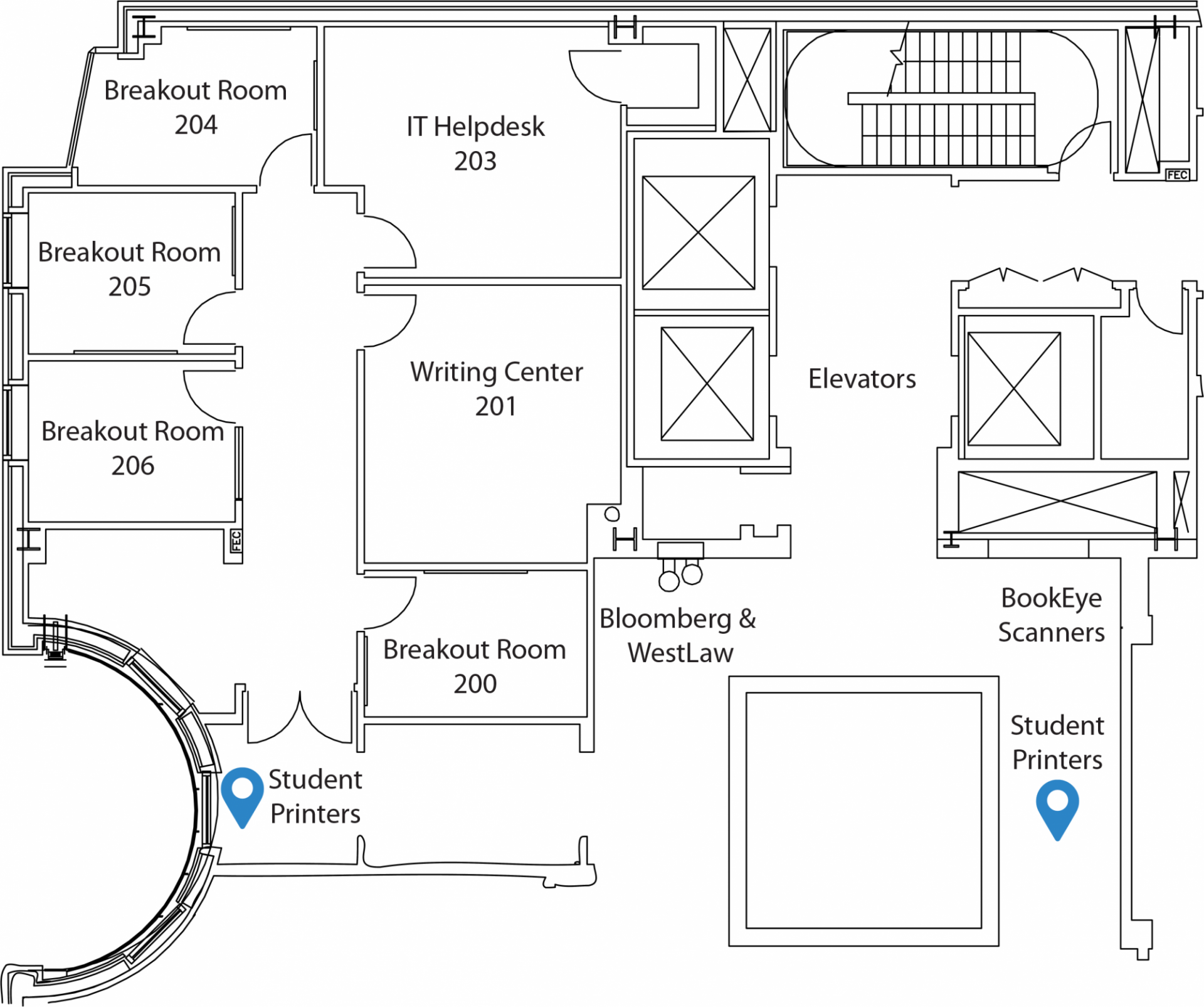 Map of the student printers on the 2nd floor of William and June Warren Hall.