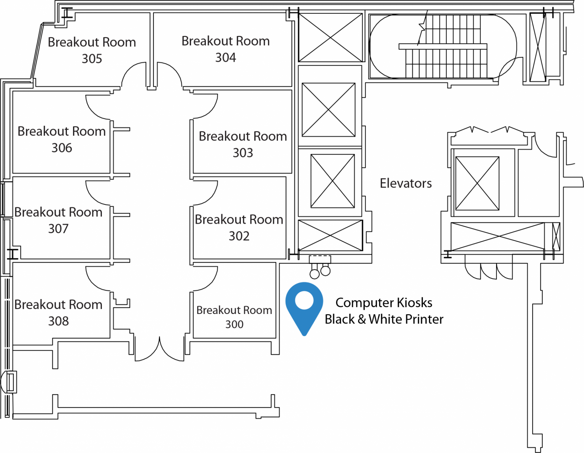 Map of computer kiosks and local printer on the 3rd floor of William and June Warren Hall.