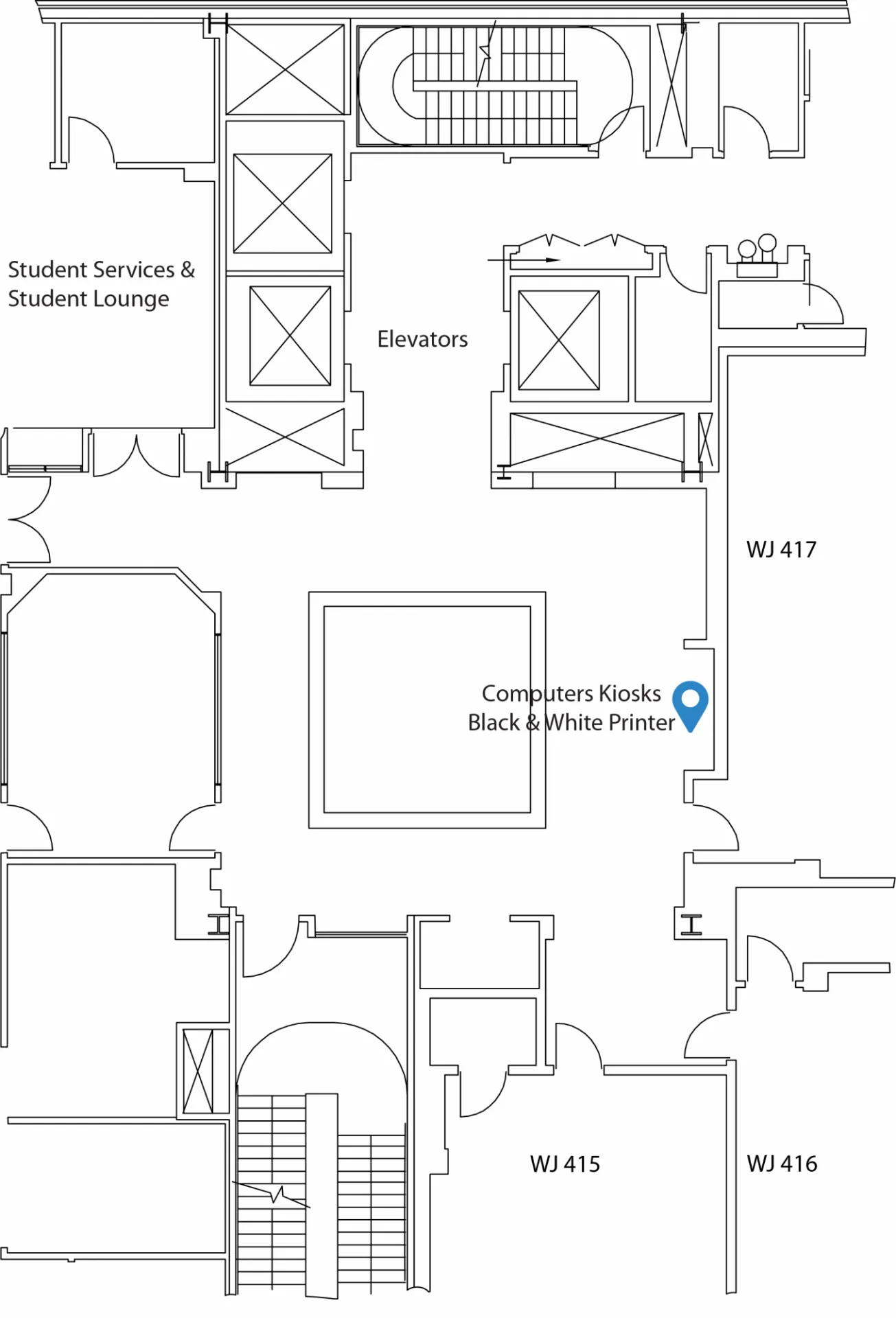 Map of computer kiosks and local printer on the 4th floor of William and June Warren Hall.
