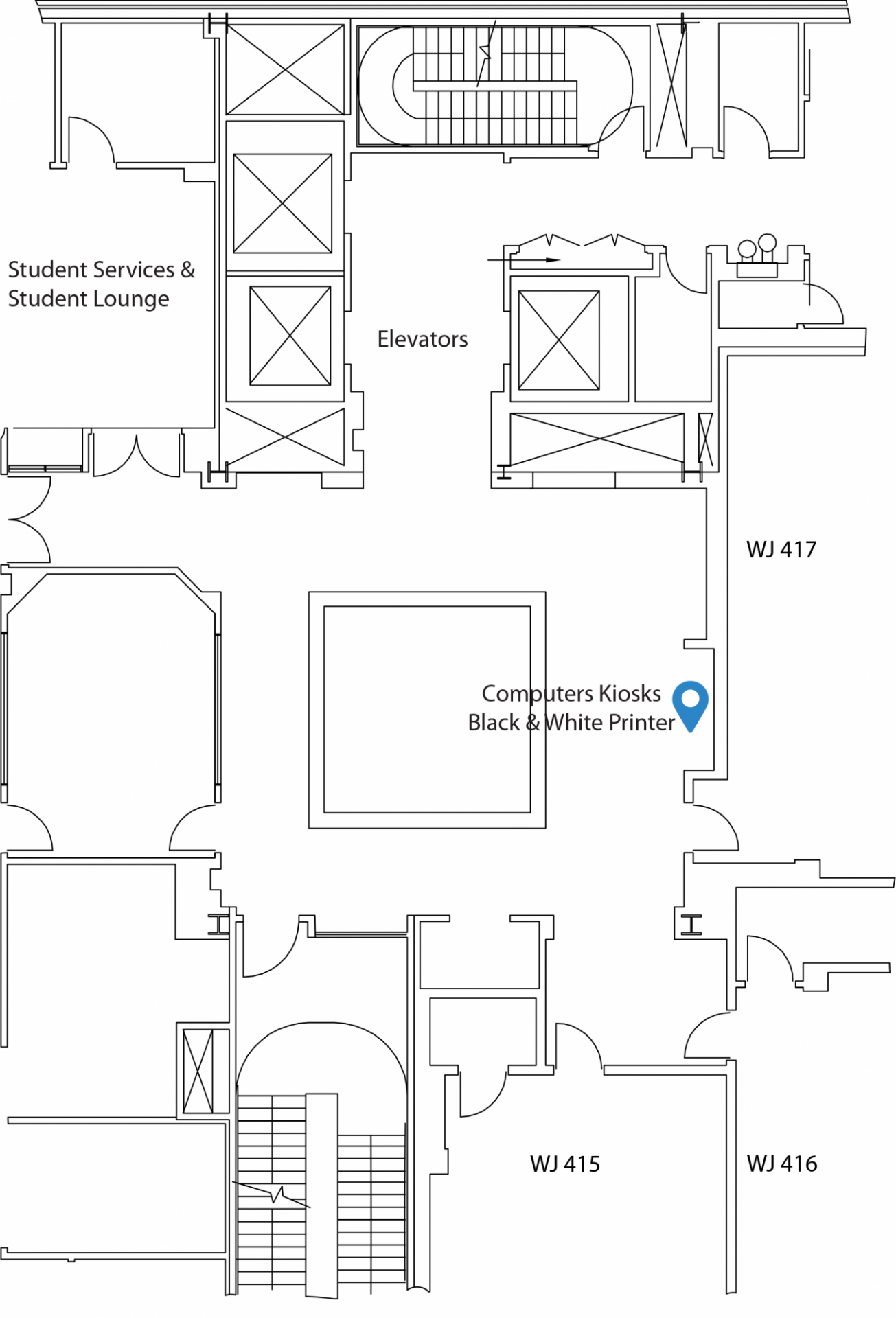 Map of computer kiosks and local printer on the 4th floor of William and June Warren Hall.