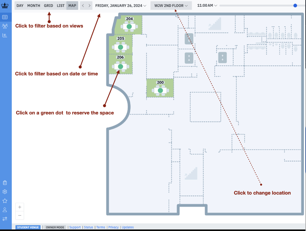 A screenshot of the skedda map view with arrows pointing out how you search 