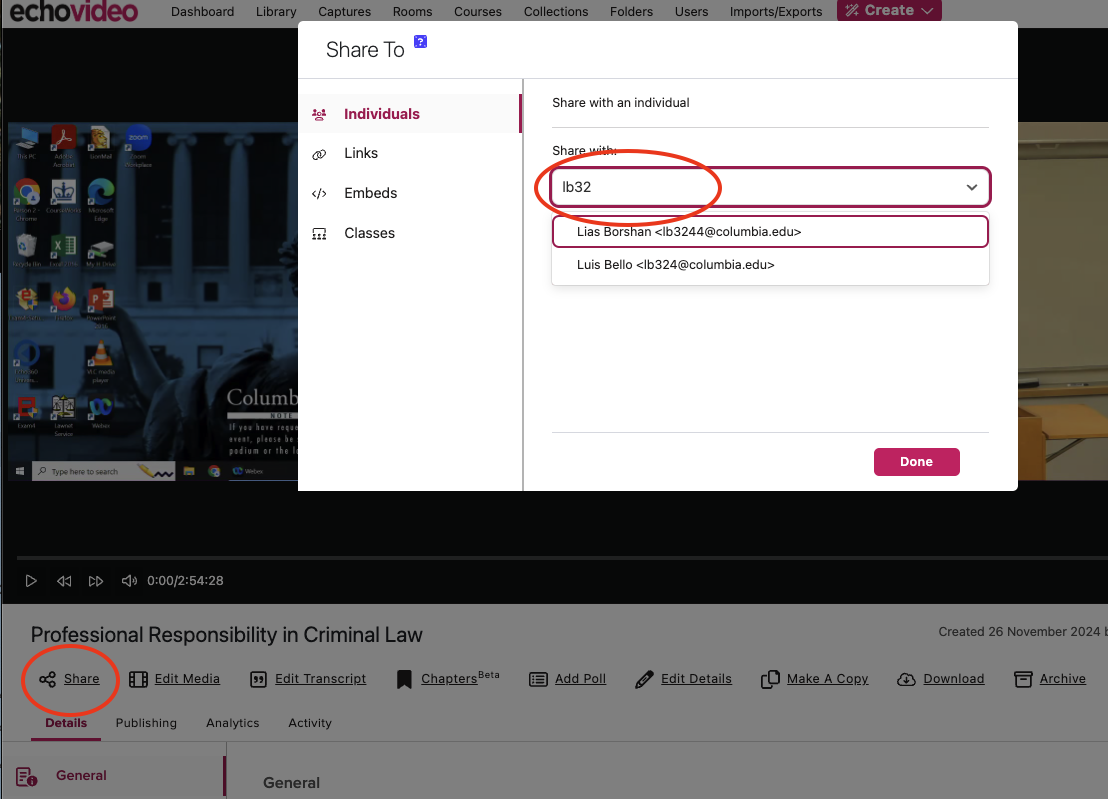 Echo360 Workflow screenshot Share Echo360 Video with students workflow